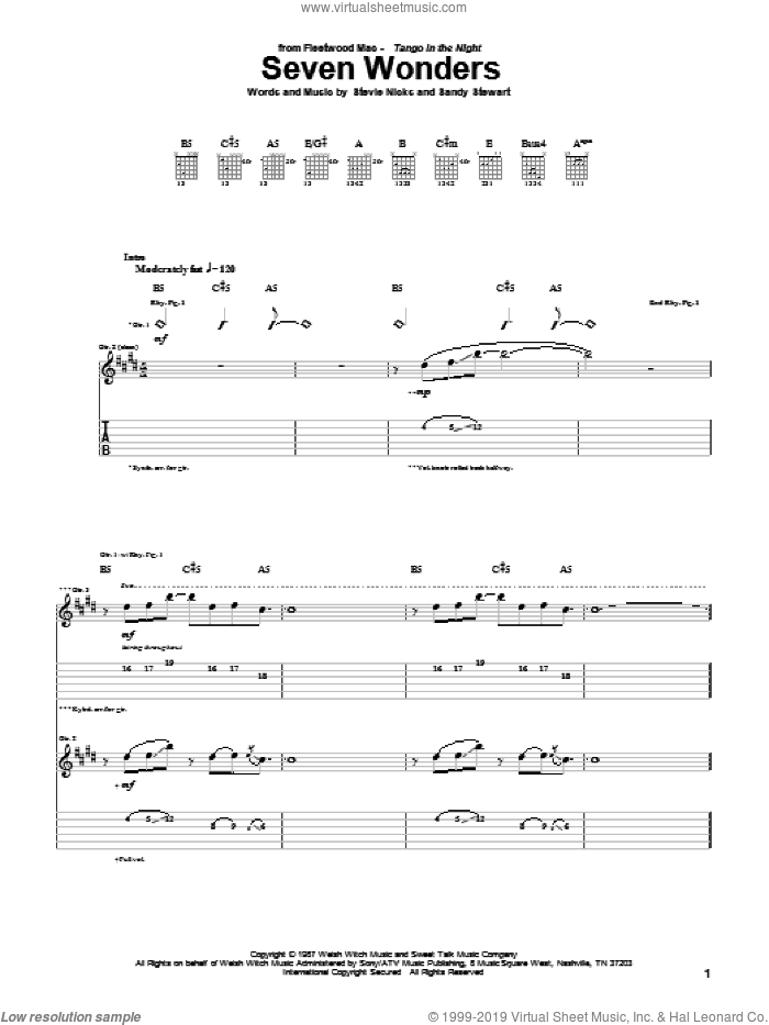 Seven Wonders sheet music for guitar (tablature) by Fleetwood Mac, Sandy Stewart and Stevie Nicks, intermediate skill level