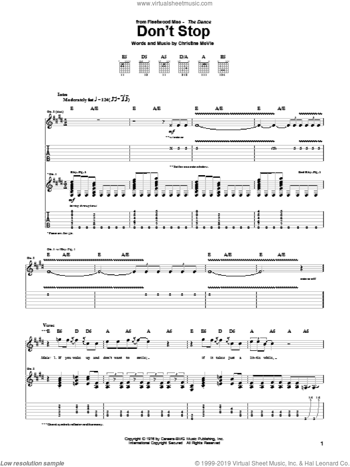 Don't Stop sheet music for guitar (tablature) by Fleetwood Mac and Christine McVie, intermediate skill level
