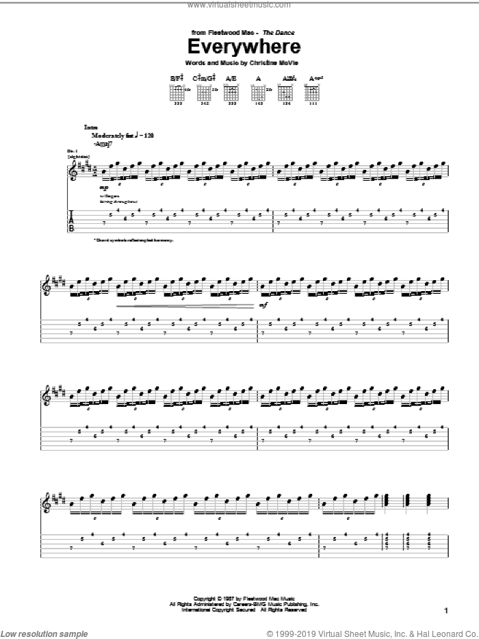 Everywhere sheet music for guitar (tablature) by Fleetwood Mac and Christine McVie, intermediate skill level