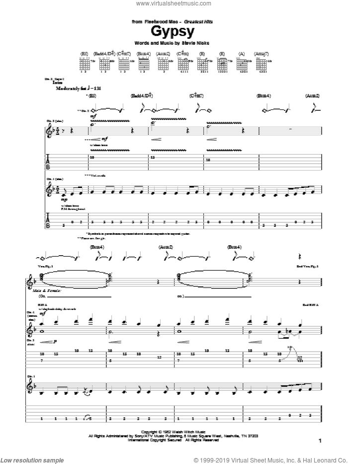 Gypsy sheet music for guitar (tablature) by Fleetwood Mac and Stevie Nicks, intermediate skill level