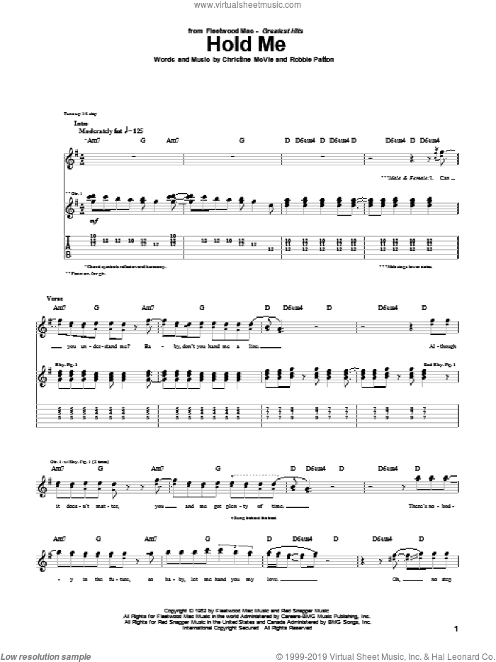 Hold Me sheet music for guitar (tablature) by Fleetwood Mac, Christine McVie and Robbie Patton, intermediate skill level