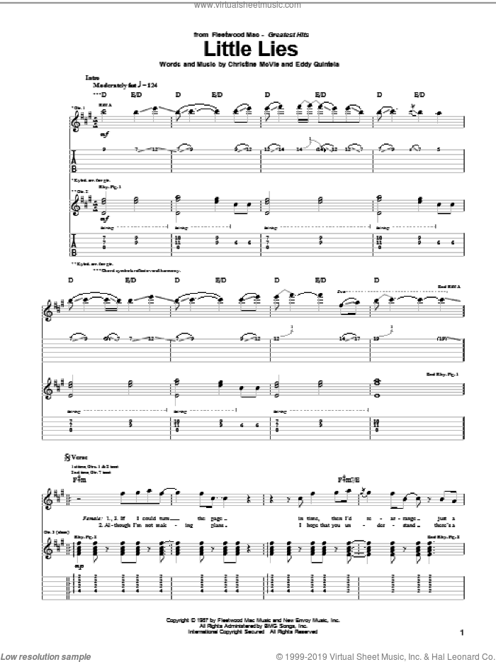 Little Lies sheet music for guitar (tablature) by Fleetwood Mac, Christine McVie and Eddy Quintela, intermediate skill level