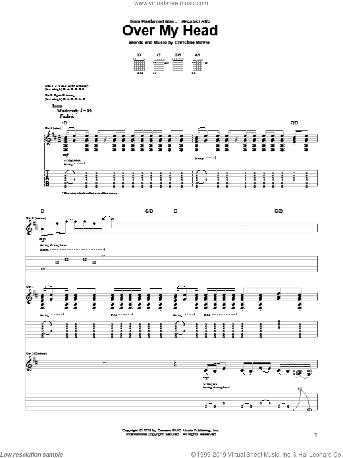 Over My Head sheet music for guitar (tablature) by Fleetwood Mac and Christine McVie, intermediate skill level