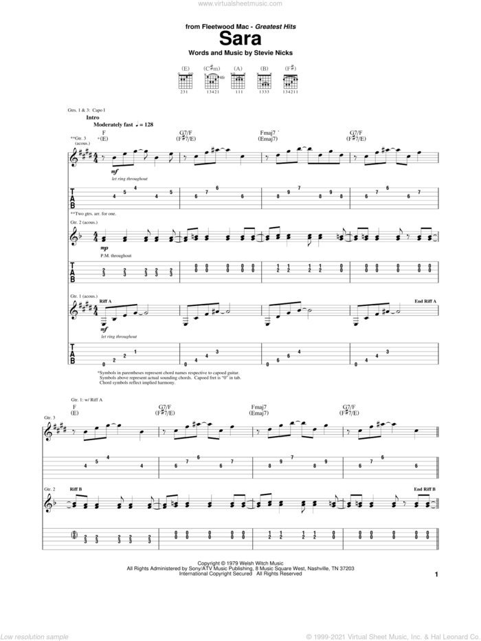Sara sheet music for guitar (tablature) by Fleetwood Mac and Stevie Nicks, intermediate skill level