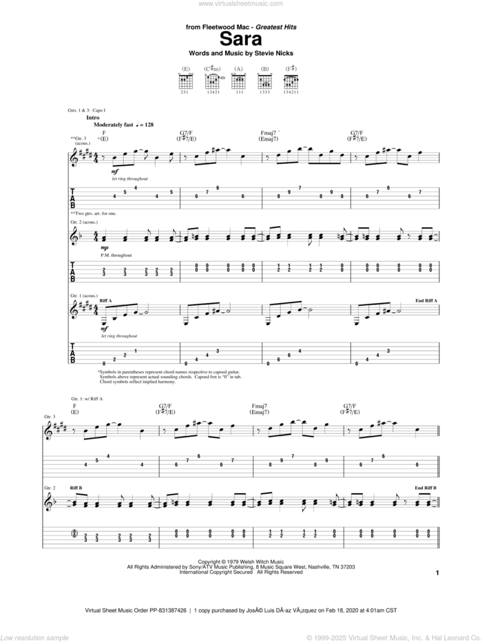 Sara sheet music for guitar (tablature) by Fleetwood Mac and Stevie Nicks, intermediate skill level