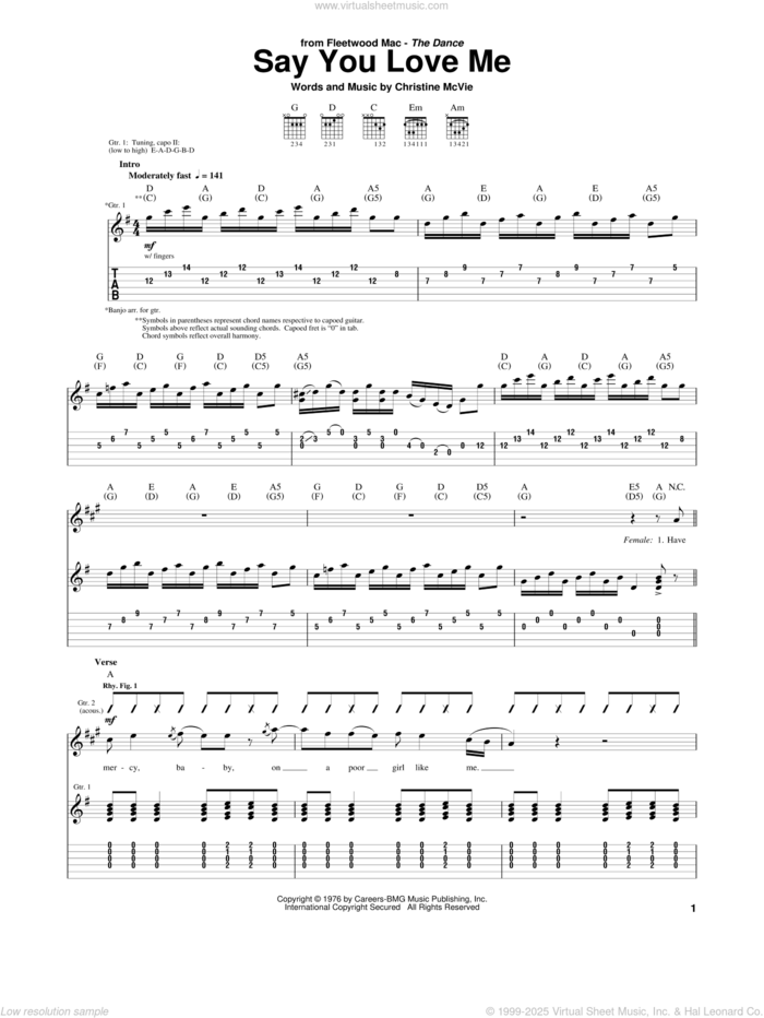 Say You Love Me sheet music for guitar (tablature) by Fleetwood Mac and Christine McVie, intermediate skill level