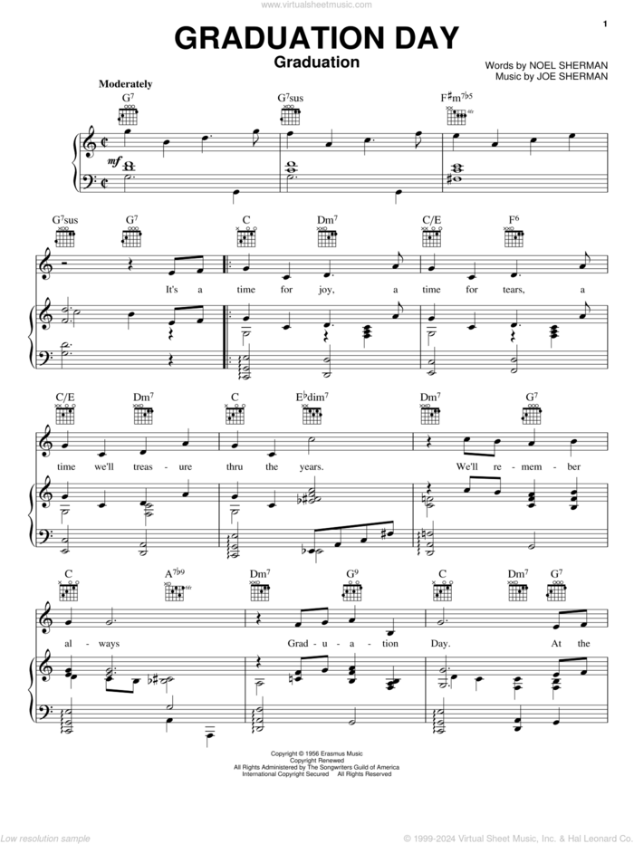 Graduation Day sheet music for voice, piano or guitar by The Four Freshmen, The Beach Boys, Joe Sherman and Noel Sherman, intermediate skill level