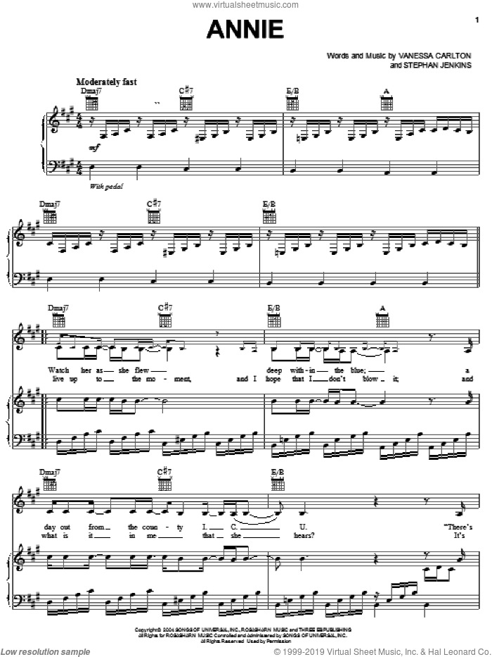 Annie sheet music for voice, piano or guitar by Vanessa Carlton and Stephan Jenkins, intermediate skill level