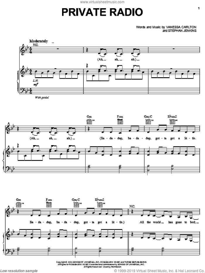 Private Radio sheet music for voice, piano or guitar by Vanessa Carlton and Stephan Jenkins, intermediate skill level