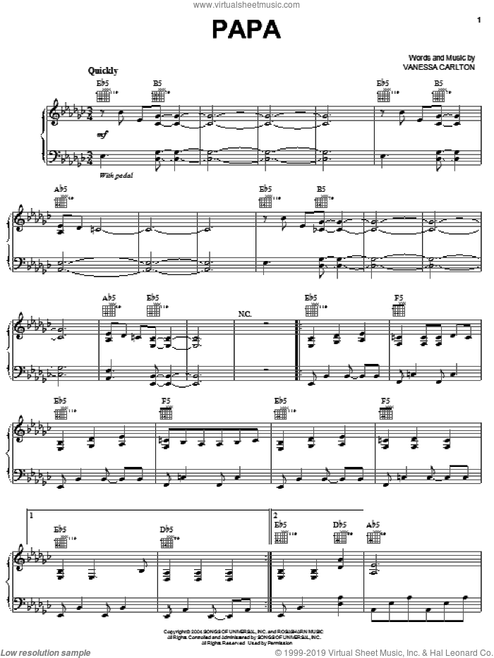 Papa sheet music for voice, piano or guitar by Vanessa Carlton, intermediate skill level