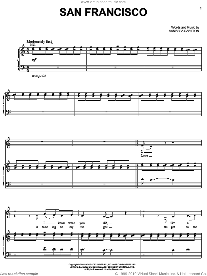San Francisco sheet music for voice, piano or guitar by Vanessa Carlton, intermediate skill level