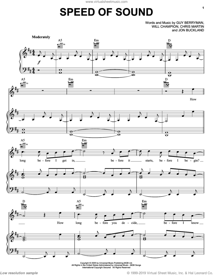 Speed Of Sound sheet music for voice, piano or guitar by Coldplay, Chris Martin, Guy Berryman, Jon Buckland and Will Champion, intermediate skill level