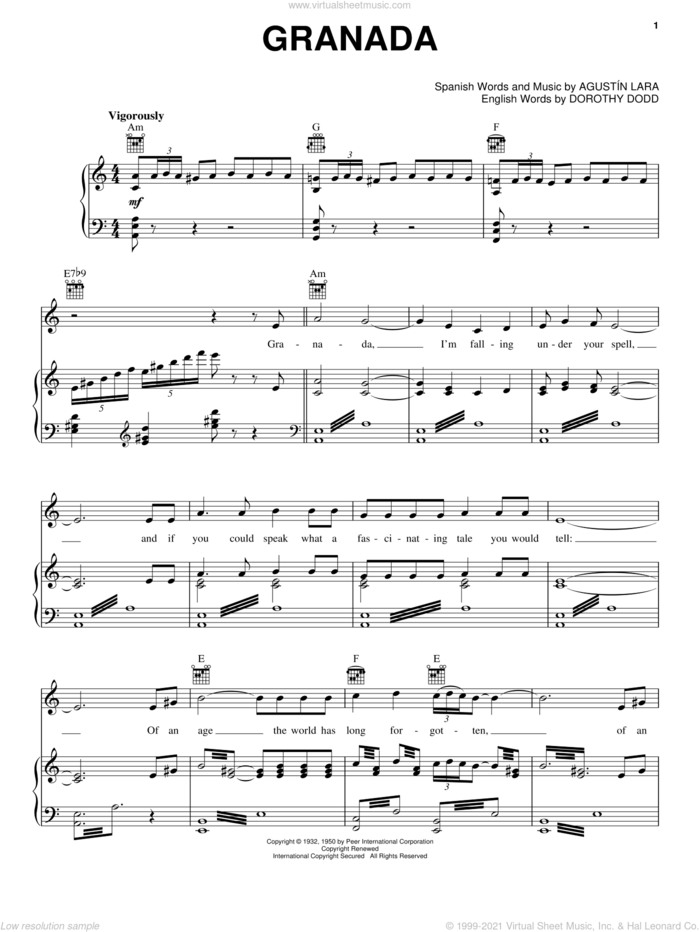 Granada sheet music for voice, piano or guitar by Agustin Lara and Dorothy Dodd, intermediate skill level
