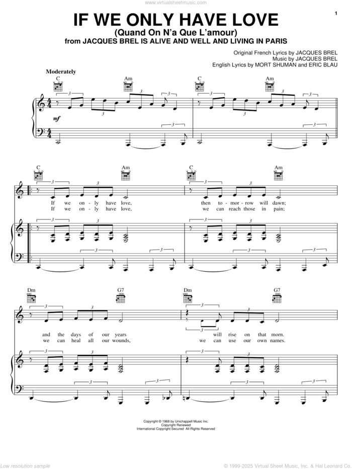 If We Only Have Love (Quand On N'a Que L'amour) sheet music for voice, piano or guitar by Jacques Brel, Barry Manilow, Eric Blau and Mort Shuman, intermediate skill level