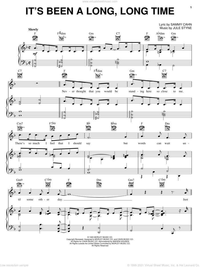 It's Been A Long, Long Time sheet music for voice, piano or guitar by Harry James, Bing Crosby, Frank Sinatra, June Christy, Perry Como, Jule Styne and Sammy Cahn, intermediate skill level