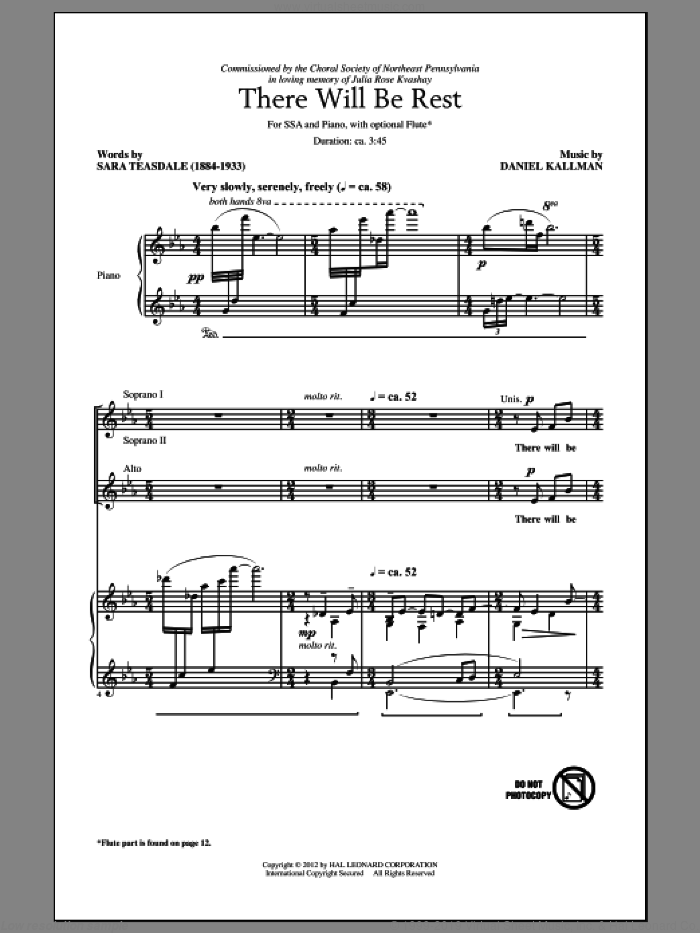 There Will Be Rest sheet music for choir (SSA: soprano, alto) by Daniel Kallman and Sara Teasdale, intermediate skill level