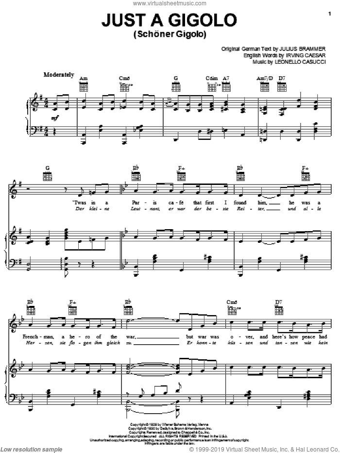 Just A Gigolo sheet music for voice, piano or guitar by Louis Armstrong, Louis Prima, Thelonious Monk, Irving Caesar, Julius Brammer and Leonello Casucci, intermediate skill level