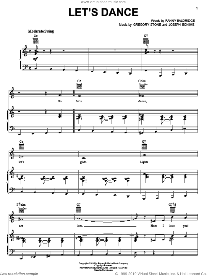 Let's Dance sheet music for voice, piano or guitar by Benny Goodman, Fanny Baldridge, Gregory Stone and Joseph Bonime, intermediate skill level