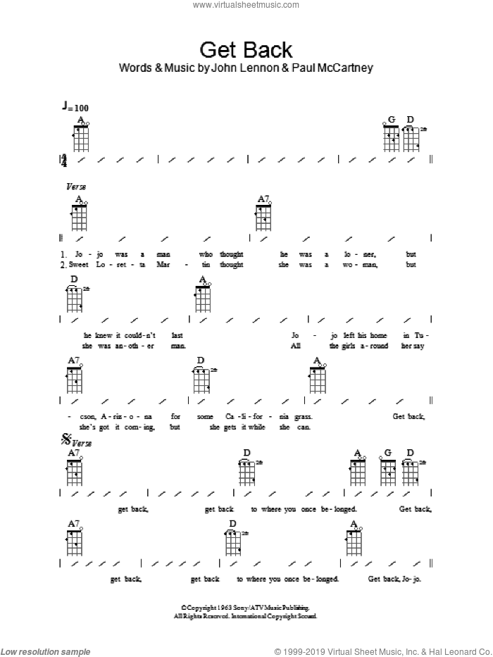 Get Back sheet music for ukulele (chords) by The Beatles, John Lennon and Paul McCartney, intermediate skill level