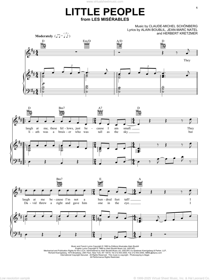 Little People sheet music for voice, piano or guitar by Alain Boublil, Les Miserables (Musical), Claude-Michel Schonberg, Herbert Kretzmer and Jean-Marc Natel, intermediate skill level