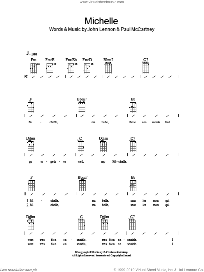 Michelle sheet music for ukulele (chords) by The Beatles, John Lennon and Paul McCartney, intermediate skill level