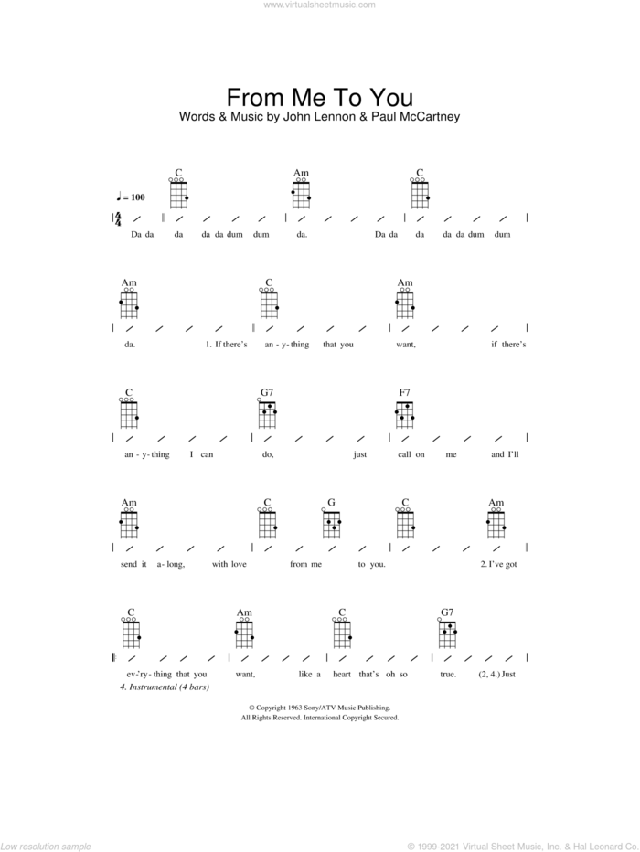 From Me To You sheet music for ukulele (chords) by The Beatles, John Lennon and Paul McCartney, intermediate skill level