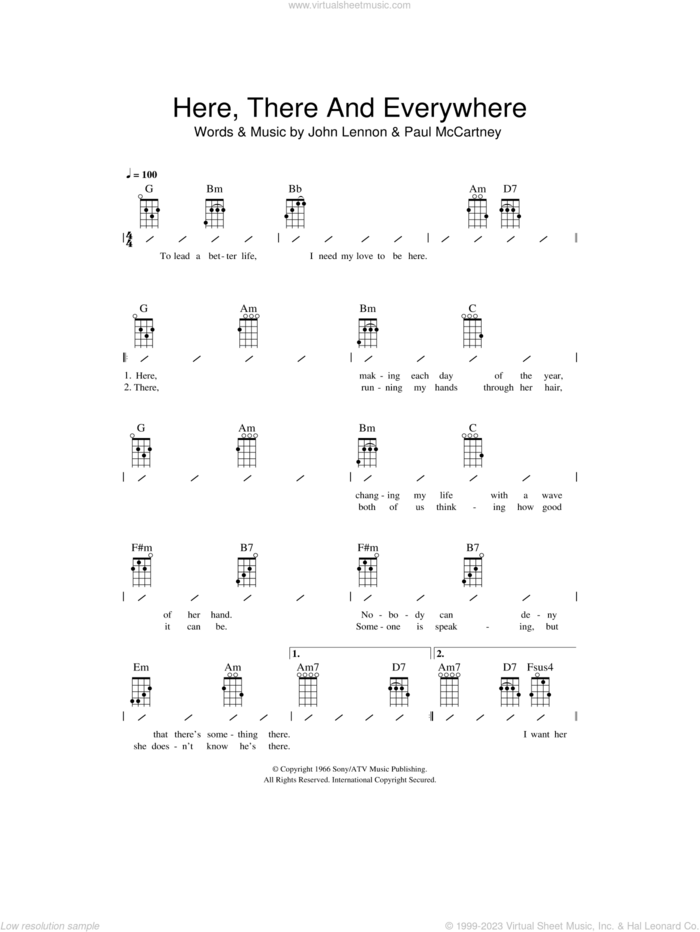 Here, There And Everywhere sheet music for ukulele (chords) by The Beatles, John Lennon and Paul McCartney, wedding score, intermediate skill level