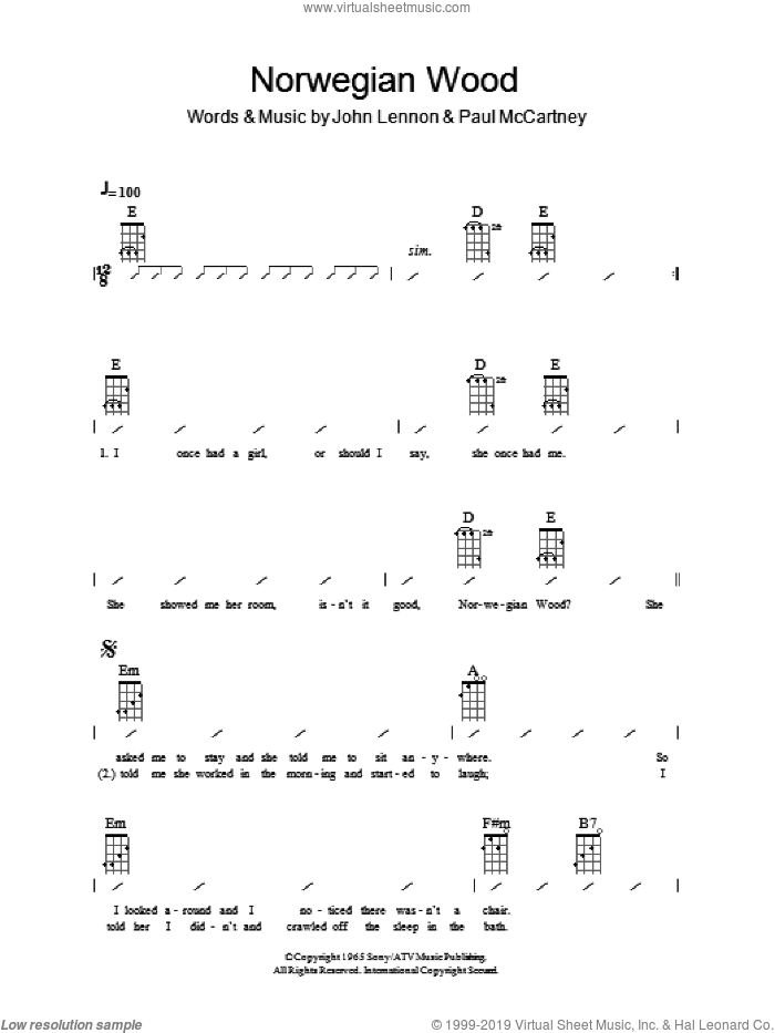 Norwegian Wood (This Bird Has Flown) sheet music for ukulele (chords) by The Beatles, John Lennon and Paul McCartney, intermediate skill level