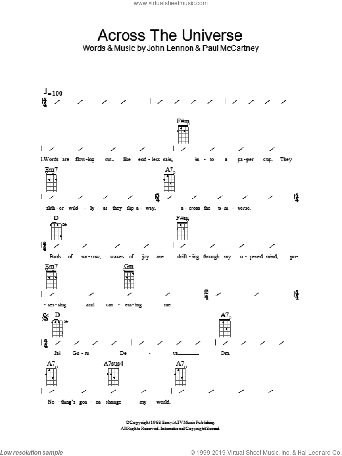 Across The Universe sheet music for ukulele (chords) by The Beatles, John Lennon and Paul McCartney, intermediate skill level