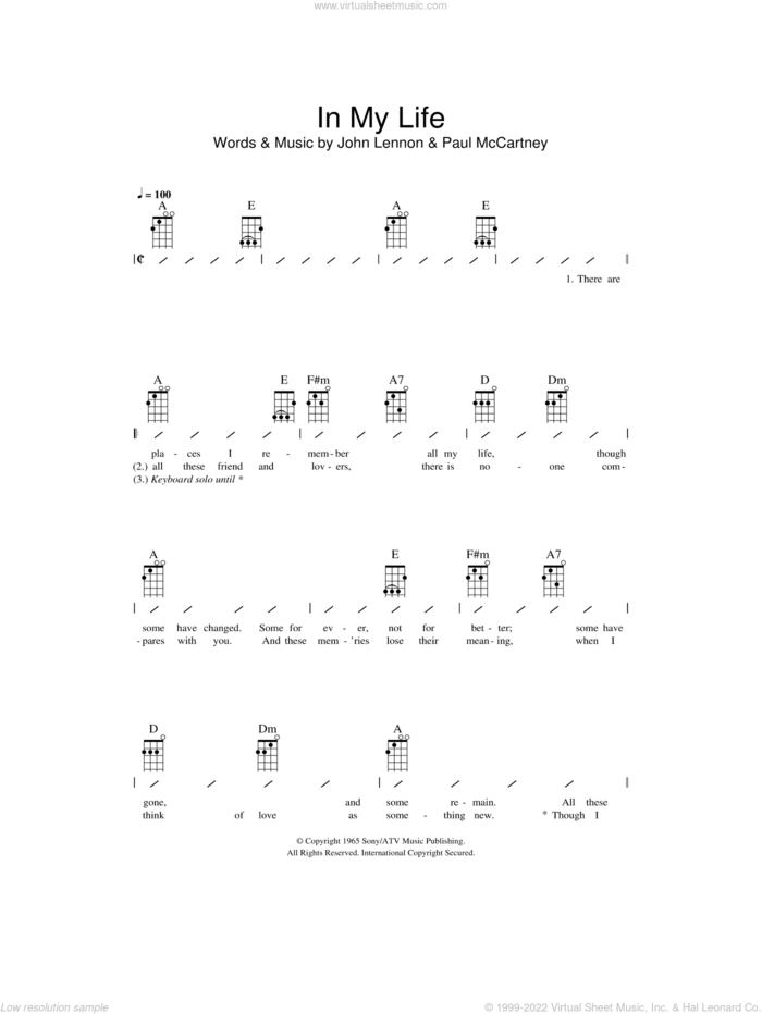 In My Life sheet music for ukulele (chords) by The Beatles, John Lennon and Paul McCartney, wedding score, intermediate skill level