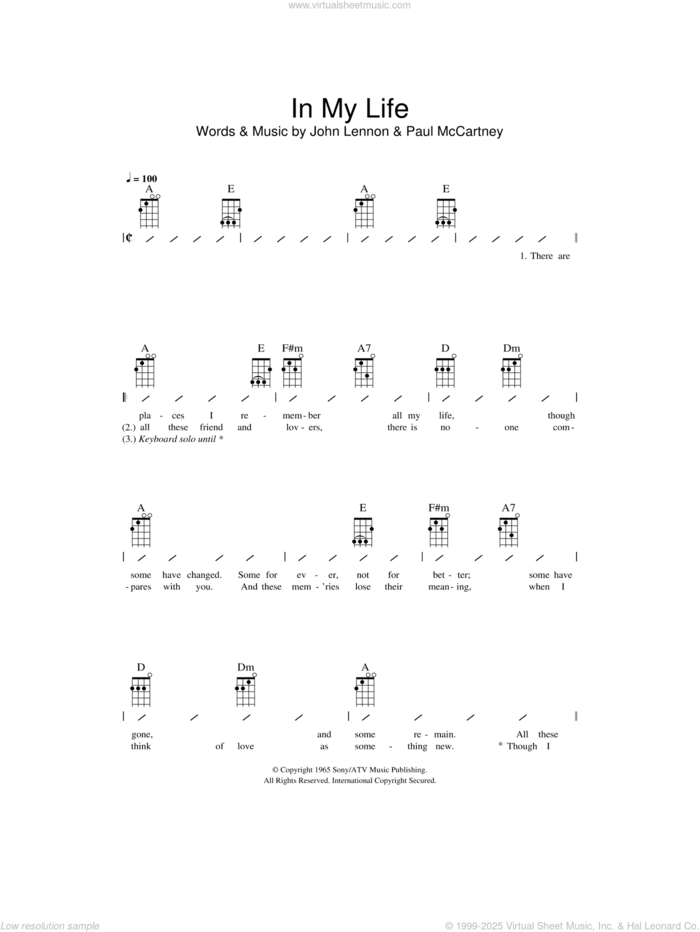 In My Life sheet music for ukulele (chords) by The Beatles, John Lennon and Paul McCartney, wedding score, intermediate skill level