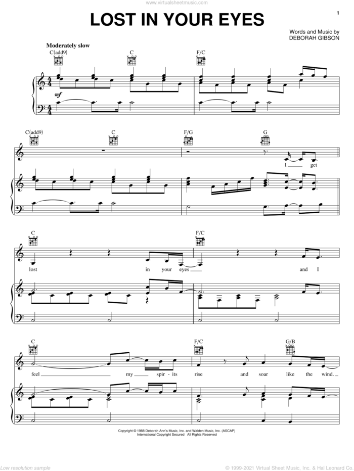 Lost In Your Eyes sheet music for voice, piano or guitar by Debbie Gibson and Deborah Gibson, intermediate skill level