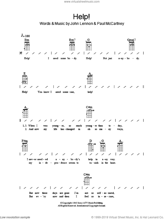 Help! sheet music for ukulele (chords) by The Beatles, John Lennon and Paul McCartney, intermediate skill level