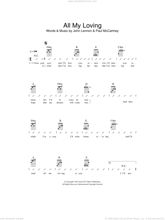 All My Loving sheet music for ukulele (chords) by The Beatles, John Lennon and Paul McCartney, intermediate skill level