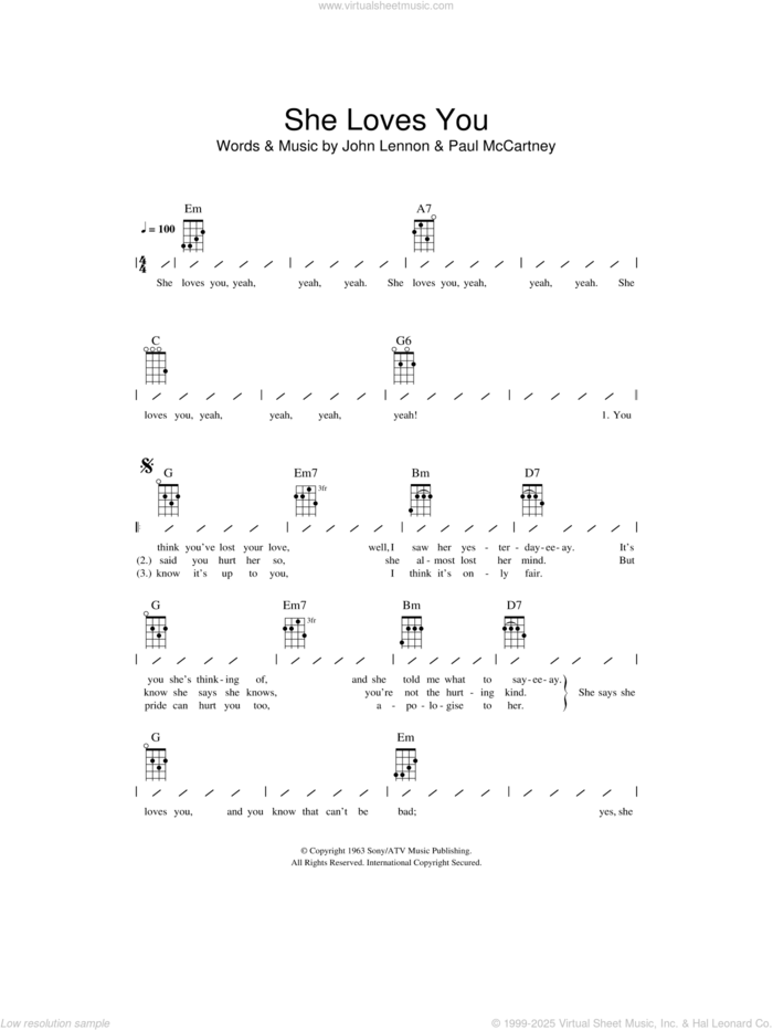 She Loves You sheet music for ukulele (chords) by The Beatles, John Lennon and Paul McCartney, intermediate skill level