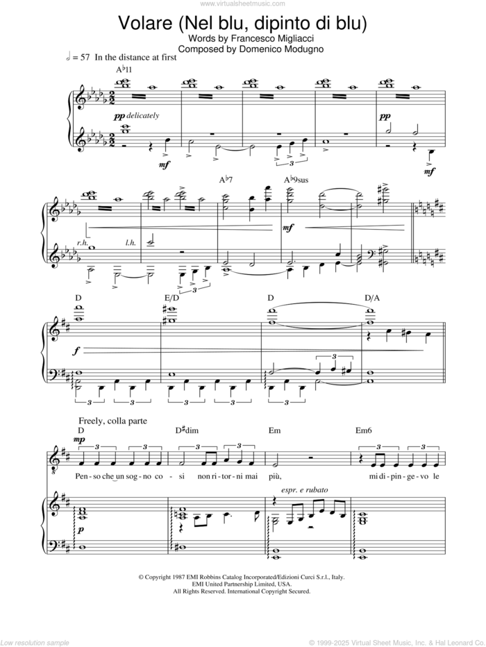 Volare (Nel Blu, Dipinto Di Blu) sheet music for voice, piano or guitar by Russell Watson, Henry Mancini, Luciano Pavarotti, Domenico Modugno and Franco Migliacci, classical score, intermediate skill level