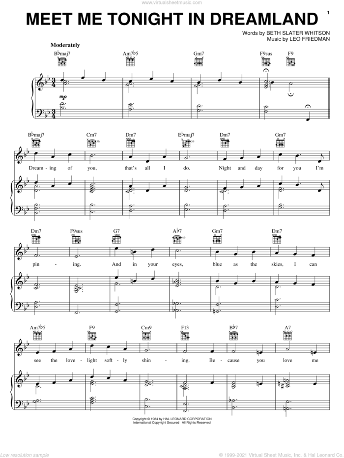 Meet Me Tonight In Dreamland sheet music for voice, piano or guitar by The Mills Brothers, Eddie Condon, Beth Slater Whitson and Leo Friedman, intermediate skill level
