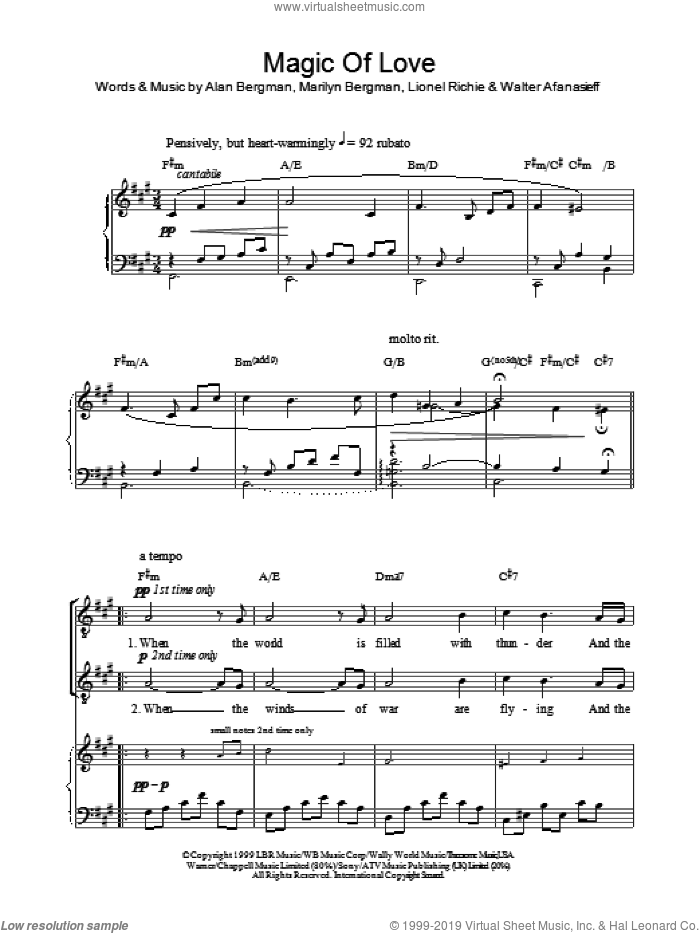 Magic Of Love sheet music for voice, piano or guitar by Russell Watson, Alan Bergman, Lionel Richie, Marilyn Bergman and Walter Afanasieff, intermediate skill level