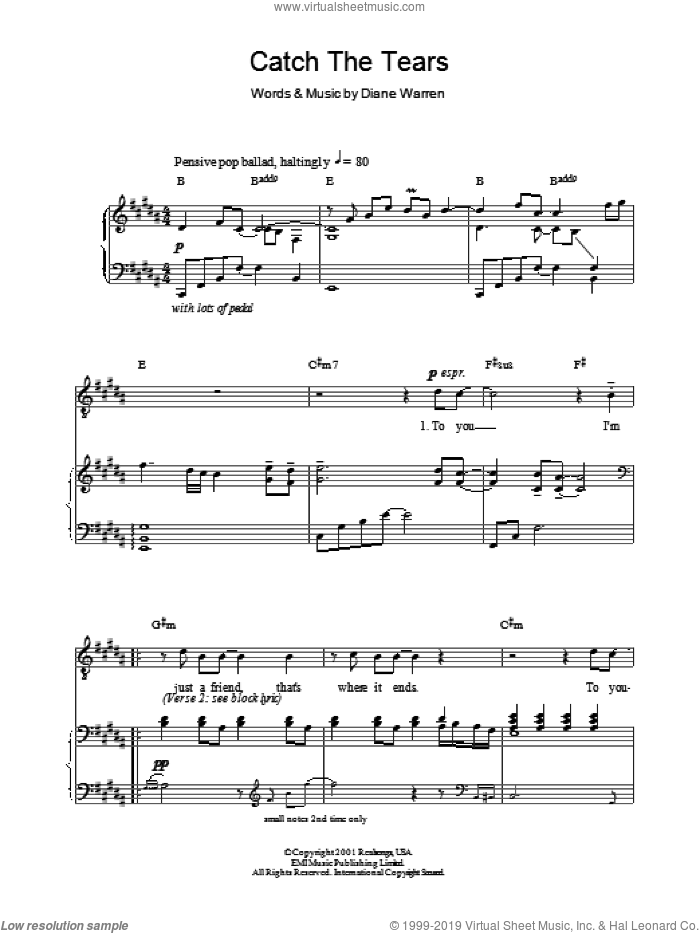 Catch The Tears sheet music for voice, piano or guitar by Russell Watson and Diane Warren, intermediate skill level
