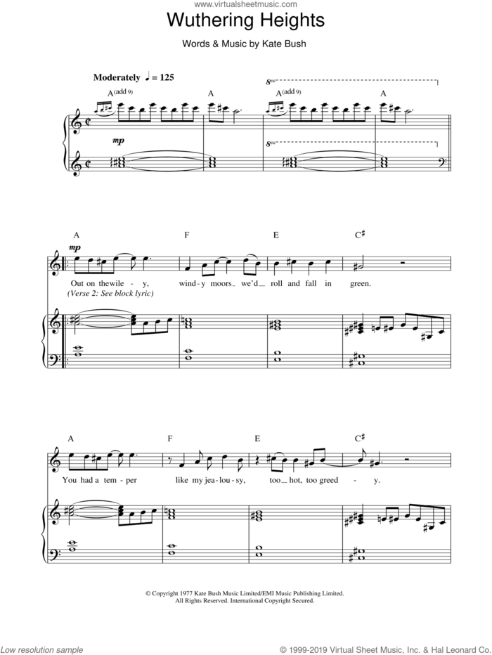 Wuthering Heights sheet music for voice, piano or guitar by Hayley Westenra and Kate Bush, intermediate skill level