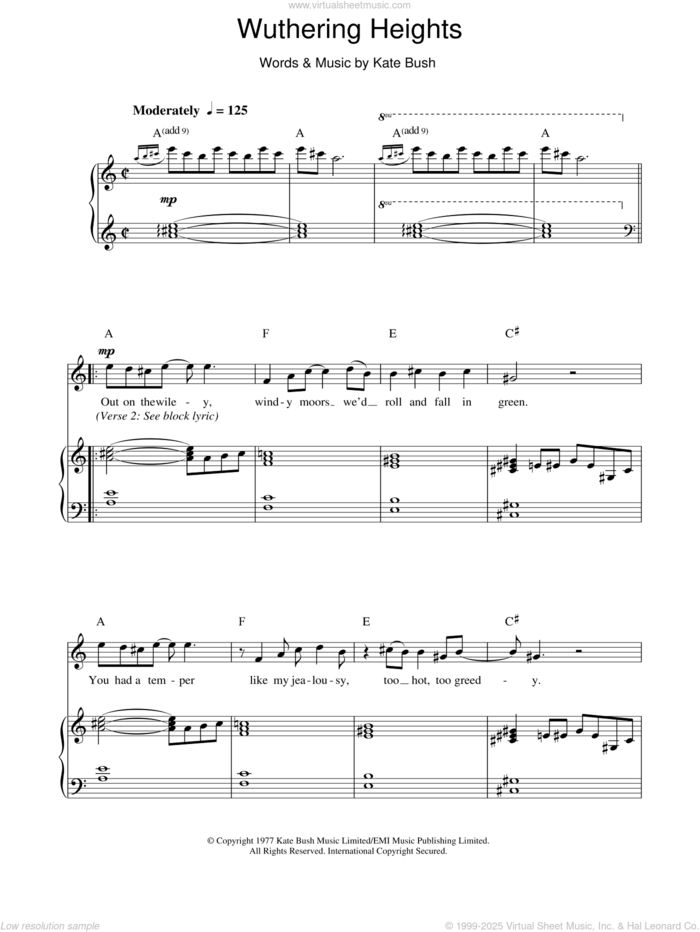 Wuthering Heights sheet music for voice, piano or guitar by Hayley Westenra and Kate Bush, intermediate skill level