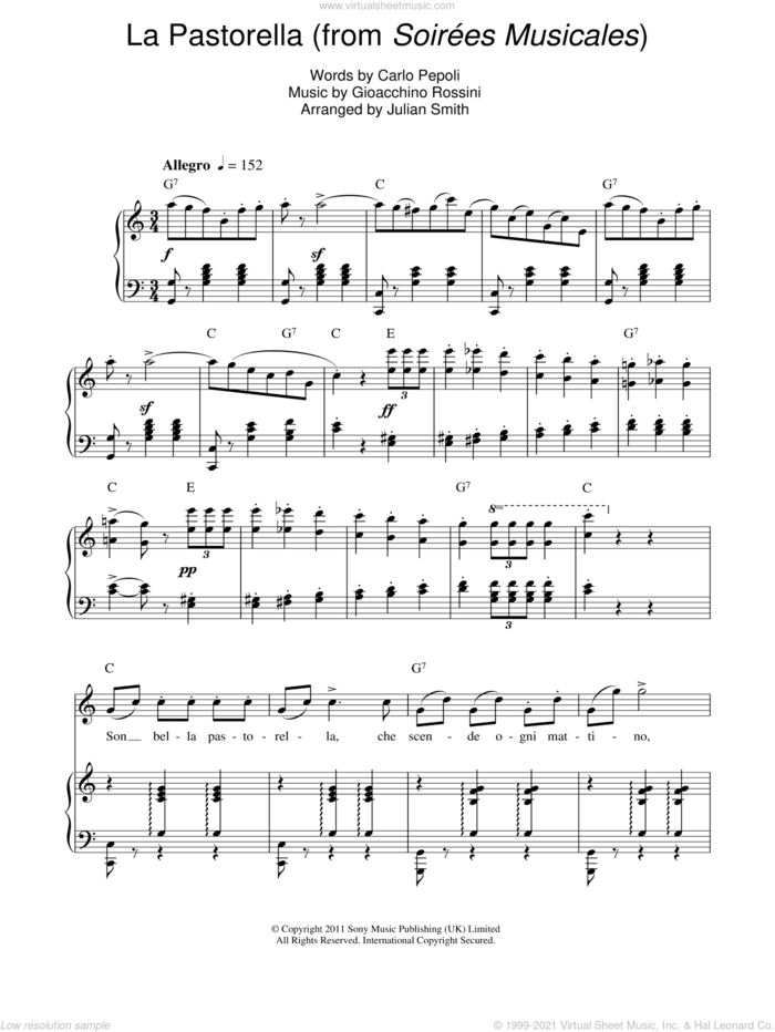 La Pastorella sheet music for voice, piano or guitar by Charlotte Church, Julian Smith, Carlo Pepoli and Gioacchino Rossini, intermediate skill level