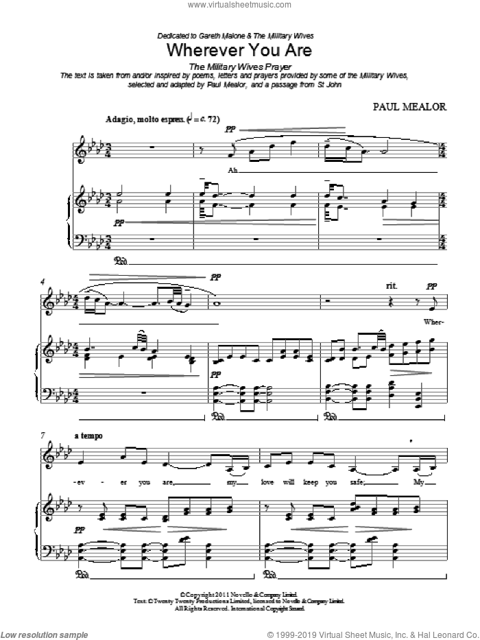 Wherever You Are sheet music for voice, piano or guitar by Paul Mealor, classical score, intermediate skill level