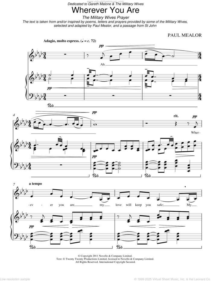 Wherever You Are sheet music for voice, piano or guitar by Paul Mealor, classical score, intermediate skill level