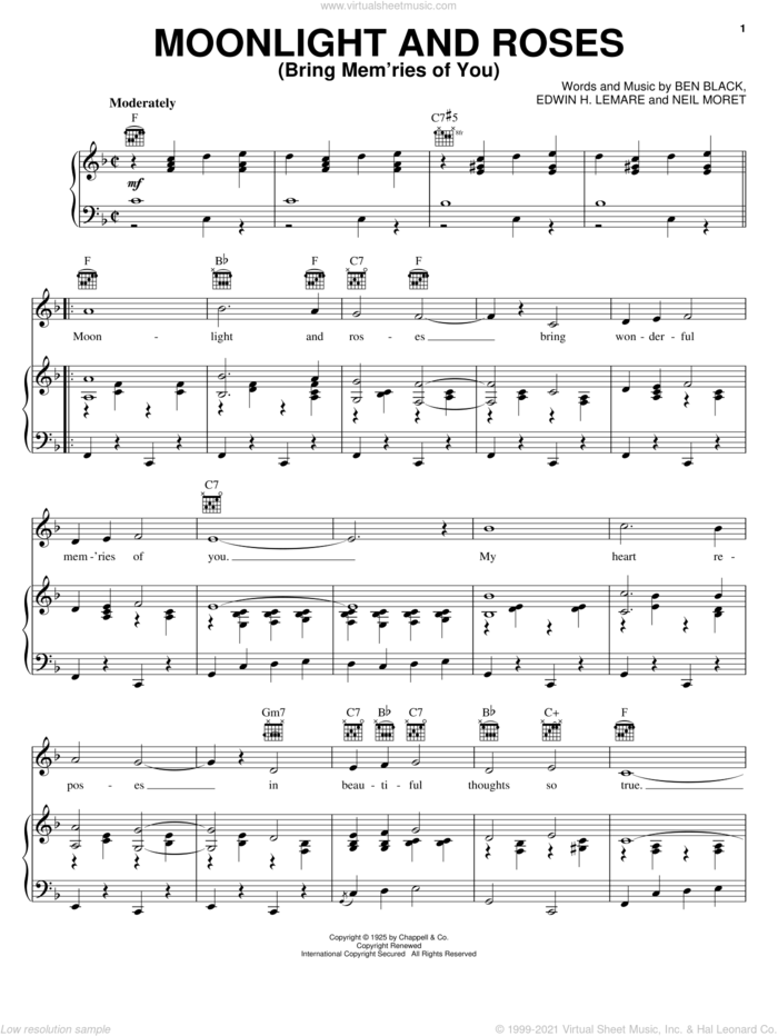 Moonlight And Roses (Bring Mem'ries Of You) sheet music for voice, piano or guitar by Bonnie Guitar, Ben Black, Edwin H. Lemare and Neil Moret, intermediate skill level