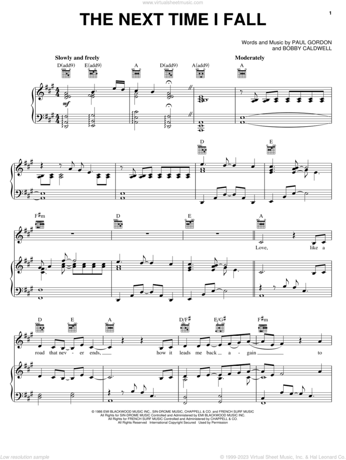 The Next Time I Fall sheet music for voice, piano or guitar by Peter Cetera with Amy Grant, Amy Grant, Peter Cetera, Bobby Caldwell and Paul Gordon, intermediate skill level