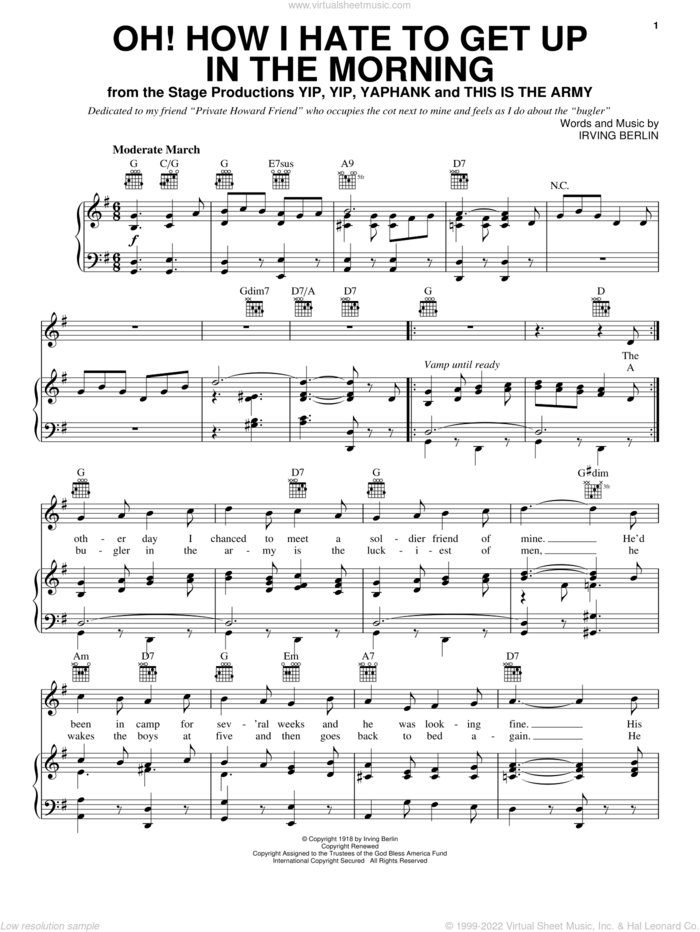 Oh! How I Hate To Get Up In The Morning sheet music for voice, piano or guitar by Irving Berlin, intermediate skill level