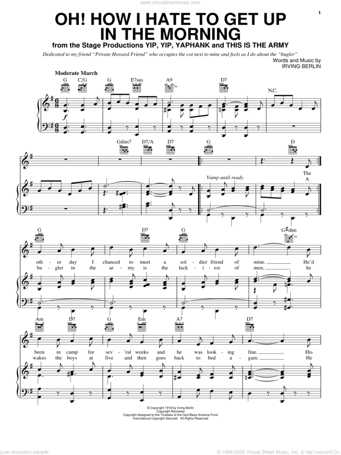 Oh! How I Hate To Get Up In The Morning sheet music for voice, piano or guitar by Irving Berlin, intermediate skill level