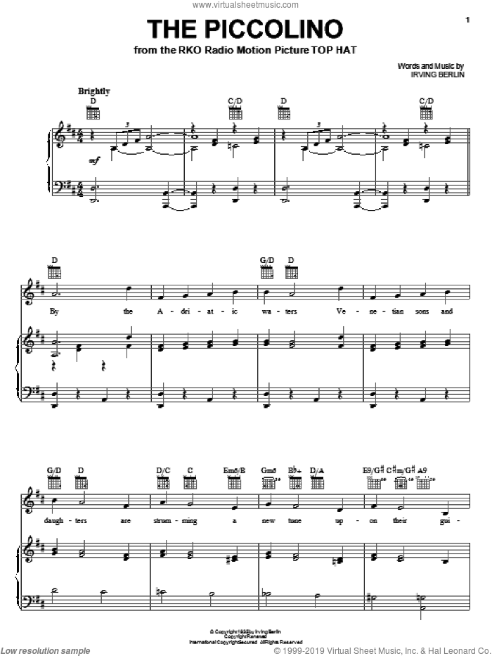 The Piccolino sheet music for voice, piano or guitar by Irving Berlin and Mel Torme, intermediate skill level