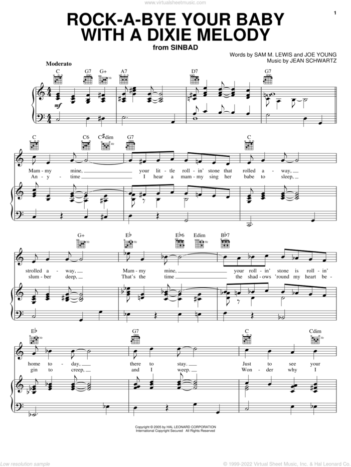Rock-A-Bye Your Baby With A Dixie Melody sheet music for voice, piano or guitar by Al Jolson, Judy Garland, Sammy Davis, Jr., Jean Schwartz, Joe Young and Sam Lewis, intermediate skill level
